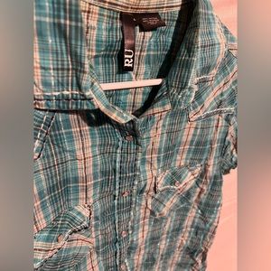 COWGIRL SHIRT SIZE LARGE BEDAZZLED PEARL SNAP. BLIE PLAID WITH SILVER ACCENTS